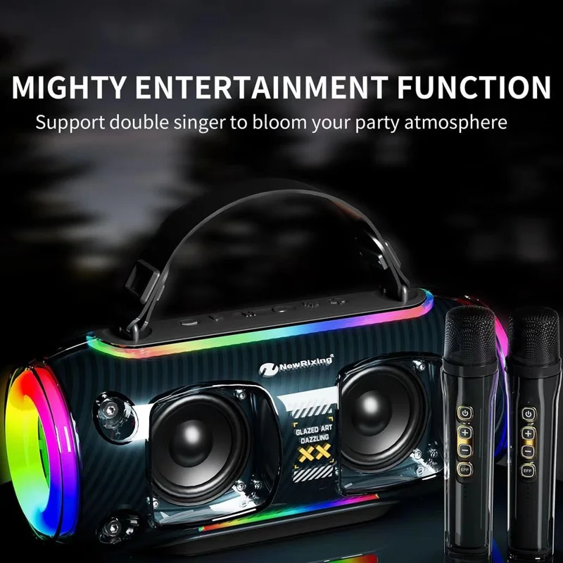 NR8806 Outdoor Bluetooth-compatible Speaker RGB Light Karaoke Soundbox with 2 Microphone - Black