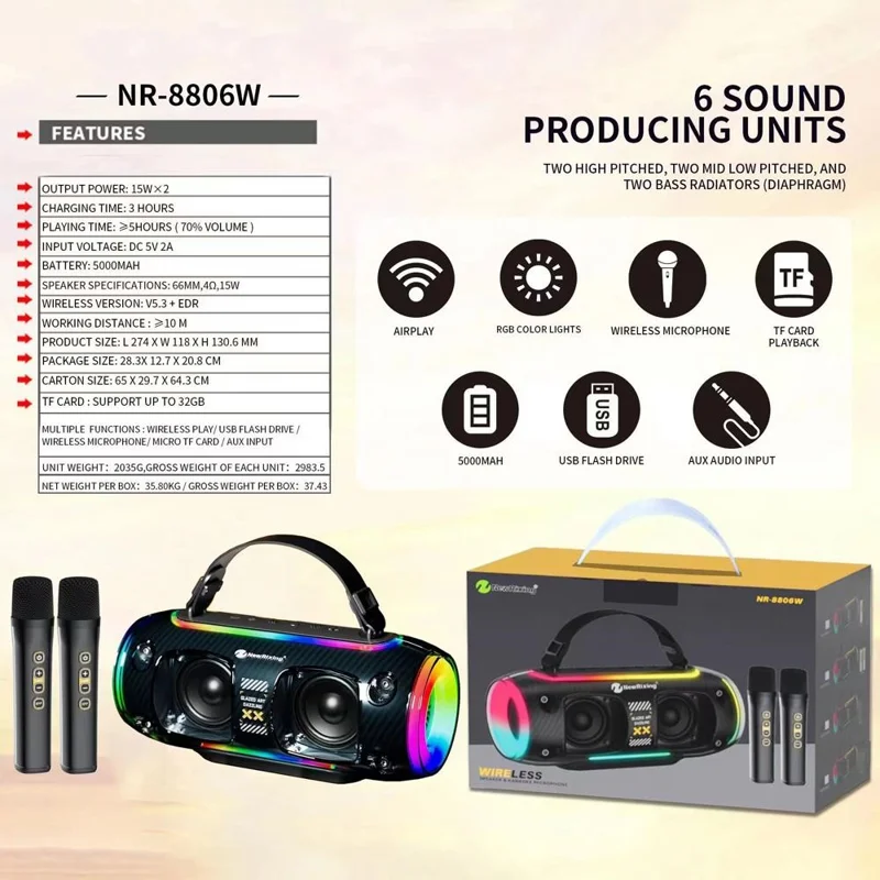 NR8806 Outdoor Bluetooth-compatible Speaker RGB Light Karaoke Soundbox with 2 Microphone - Black