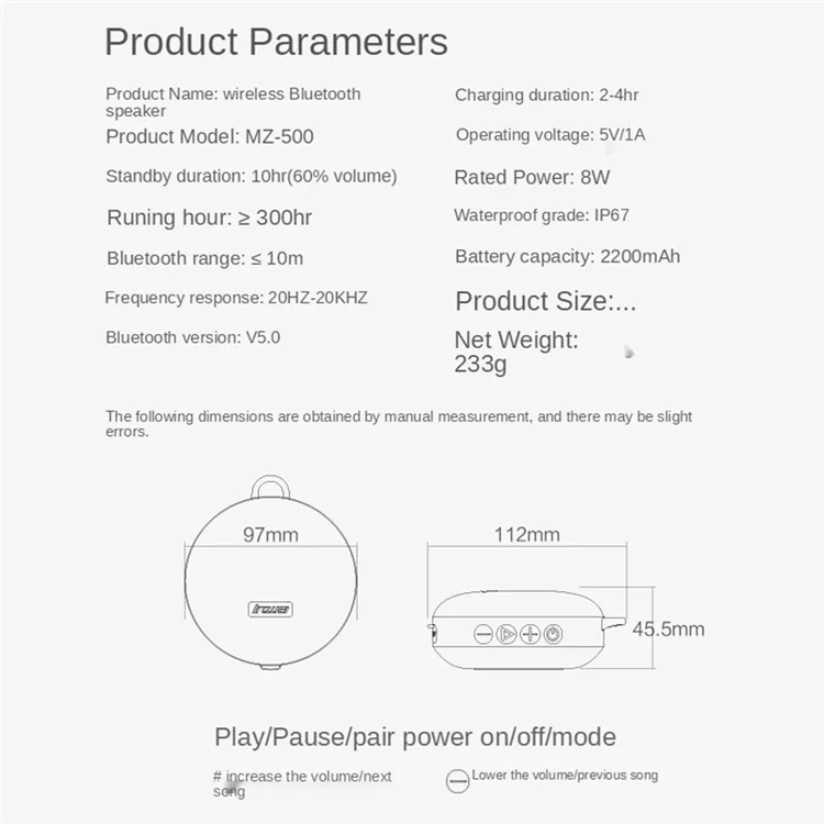 INWA MZ-500 Portable TWS Bluetooth-compatible Speaker Wireless Outdoor Cycling Waterproof Loudspeaker