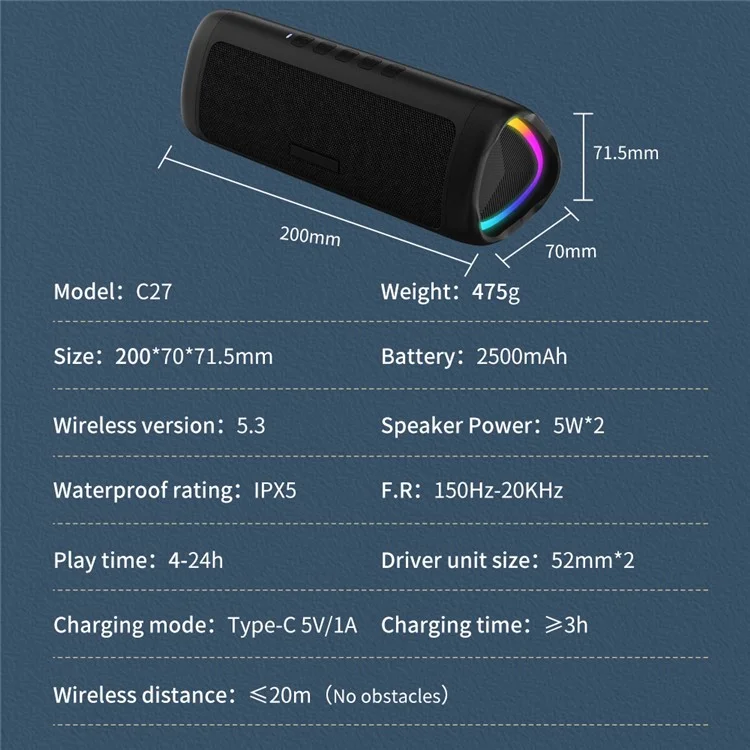 Altavoz Bluetooth portátil y colorido CYBORIS C27 a prueba de agua con subwoofer - Negro