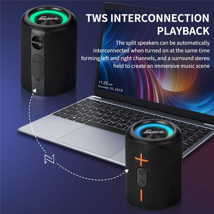 CYBORIS S10 2-in-1 Coluna Bluetooth Dividida Impermeável IPX6 Subwoofer com Luz Colorida