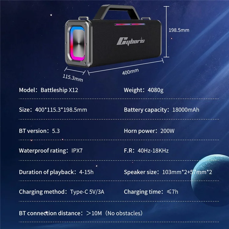 CYBORIS X12 Bluetooth-compatible 5.3 Speaker with 6.5mm Interface 200W RGB Light Music Wireless Speaker