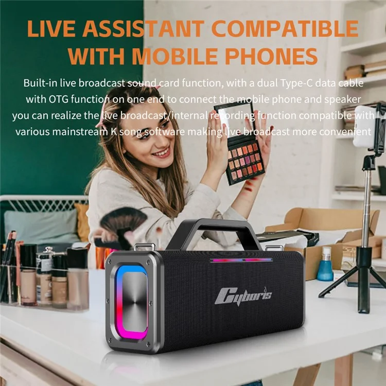 CYBORIS X12 Bluetooth-compatible 5.3 Speaker with 6.5mm Interface 200W RGB Light Music Wireless Speaker