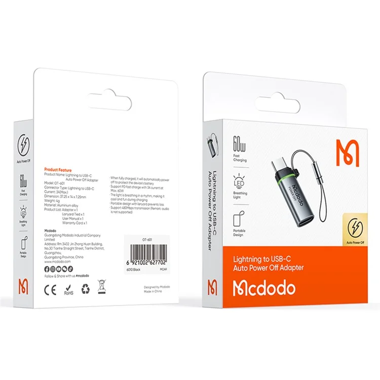 MCDODO OT-6010 60W 8-Pin to Type-C Adapter Smart Power Off PD Charging Converter - Black