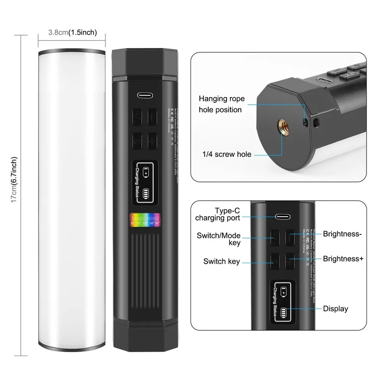 PULUZ PU4138 17cm Portable RGB Light Stick Magnetic LED Tube Light Wand 6W Photography Fill Light