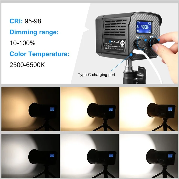 PULUZ PU4119B 60W COB Handheld Photography Vlog Light Video Recording Dual Color Temperature Fill Light