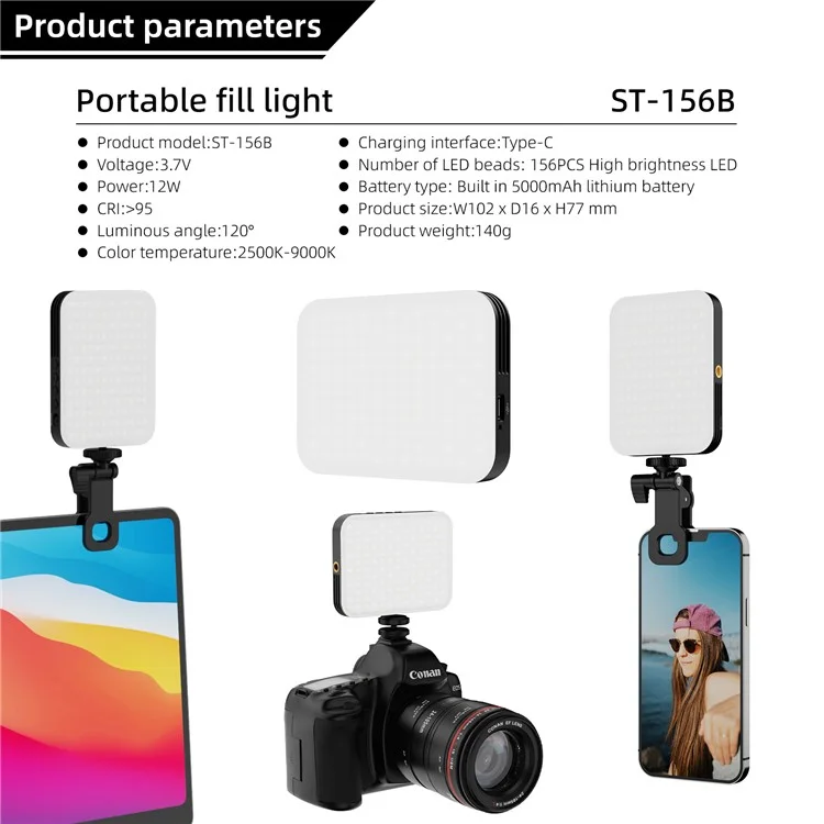 ST-156B Luz de Vídeo LED Portátil com 156 LEDs e Clipe / Capa de Silicone para Fotografia de Celular / Gravação Externa