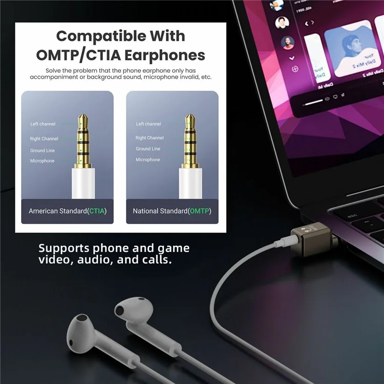 UC-075-DA USB-C to 3.5mm DAC Audio Adapter 384kHz KT02H20 Chip Aluminum Alloy Converter for Laptop / Tablet / Phone