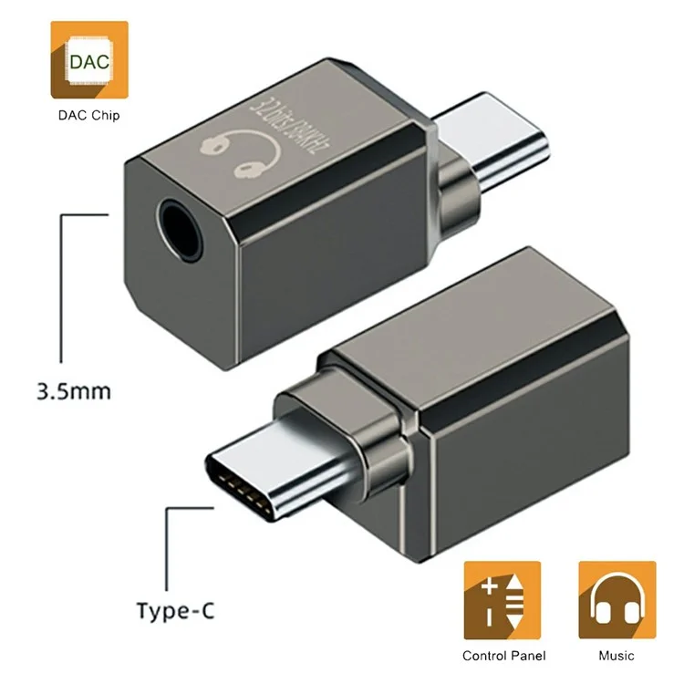 UC-075-DA USB-C to 3.5mm DAC Audio Adapter 384kHz KT02H20 Chip Aluminum Alloy Converter for Laptop / Tablet / Phone