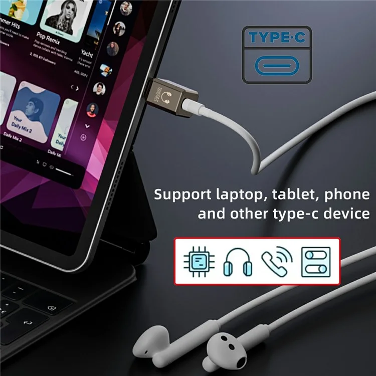 UC-075-DA USB-C to 3.5mm DAC Audio Adapter 384kHz KT02H20 Chip Aluminum Alloy Converter for Laptop / Tablet / Phone