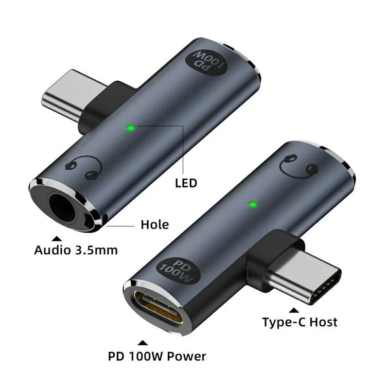UC-075-PD Type-C to 3.5mm Audio DAC AUX Music + 100W PD Power CS201 Chip Adapter for Laptop Tablet Phone