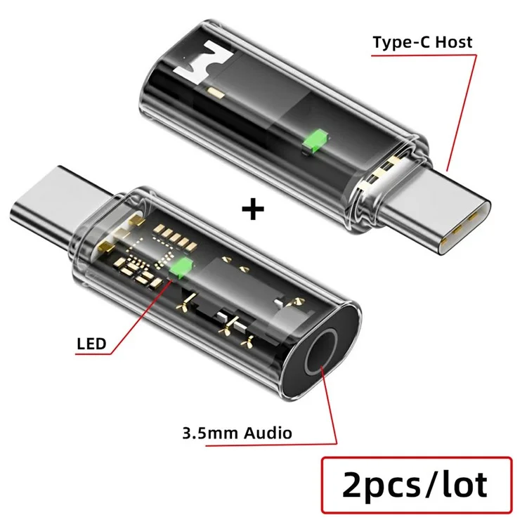 UC-075-TR 2 Pezzi Adattatore Trasparente con Chip AB136D da USB-C a Jack Audio AUX 3,5mm per Laptop, Tablet e Telefono