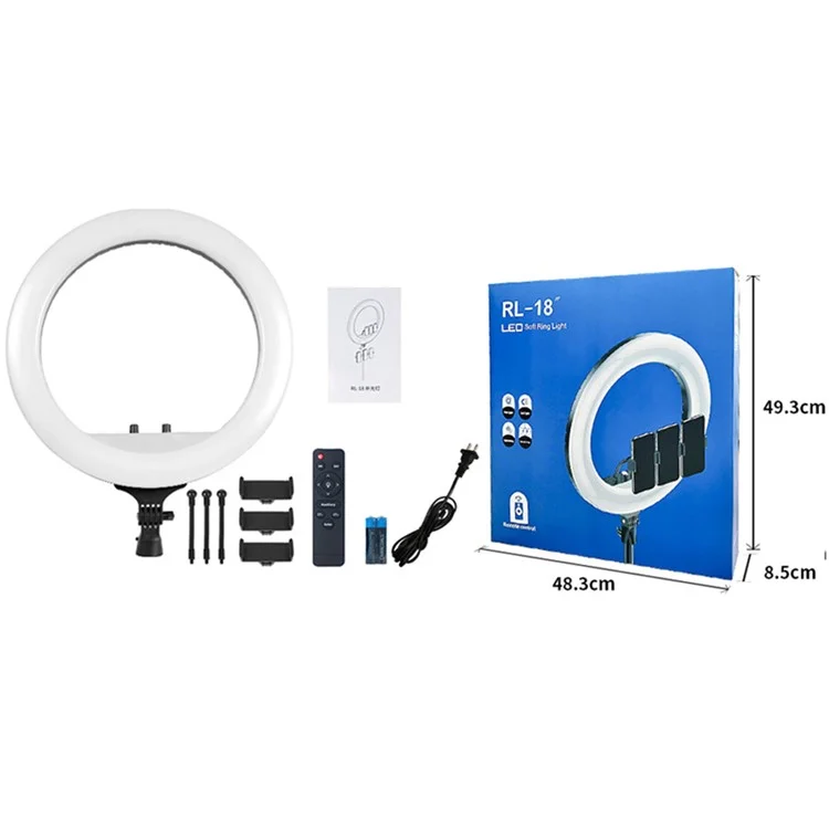 RL18 Anneau Lumineux LED de 18 Pouces Dimmable avec Télécommande pour Streaming en Direct / Tournage Vidéo (Sans Batterie) - Prise AU