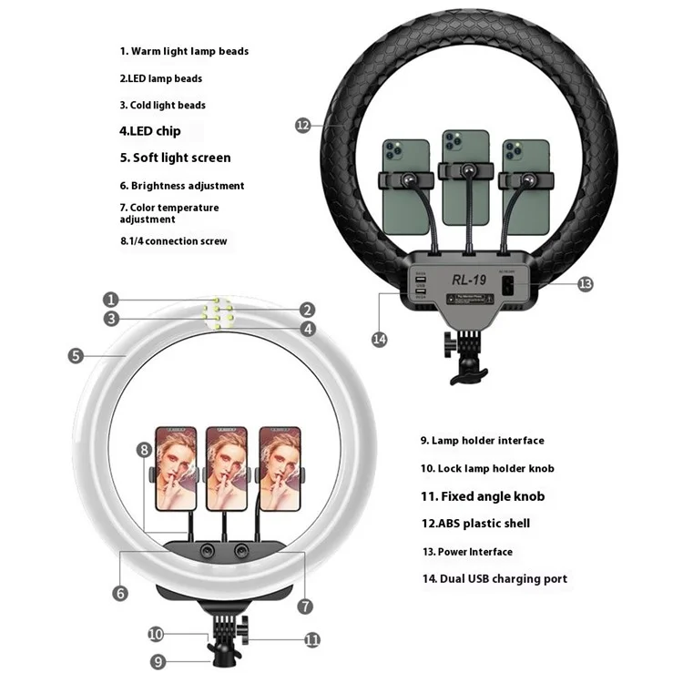 RL19 18 Inch Dimmable LED Ring Light with Remote Control for Live Streaming / Video Shooting (No Battery) - US Plug
