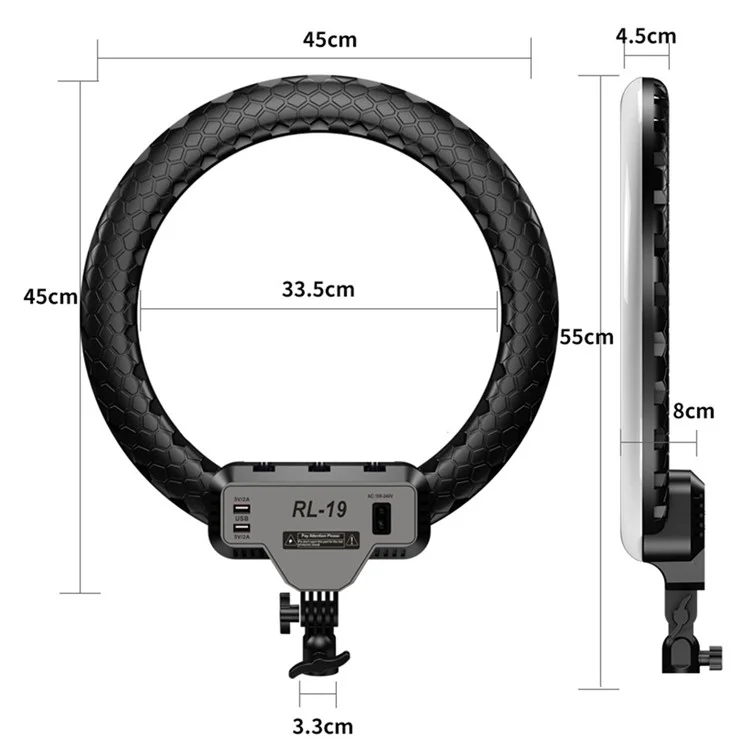 RL19 18 Inch Dimmable LED Ring Light with Remote Control for Live Streaming / Video Shooting (No Battery) - US Plug