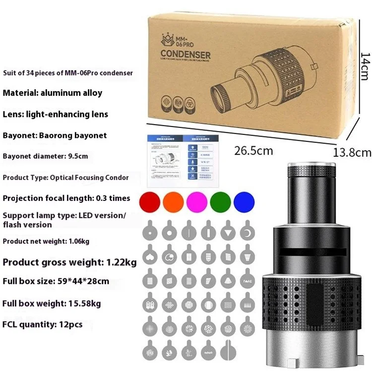 MM-06Pro Condenseur de photographie 35 Jeu de Gobo Tube projecteur optique LED pour monture Godox Jinbei Aputure Bowens