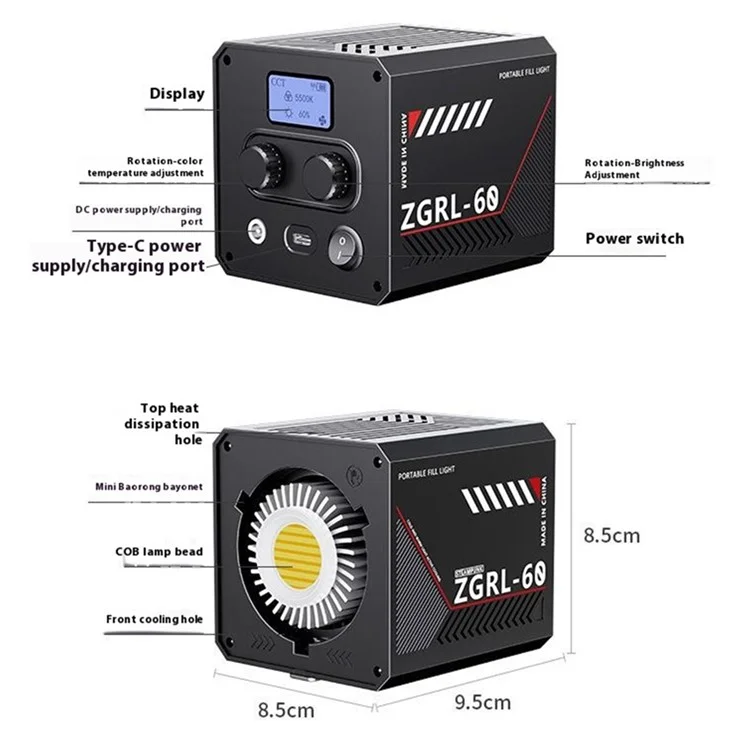 ZGRL60 Luz de Vídeo LED Portátil de Alta Potência para Preenchimento Luz Profissional para Fotografia, Filmagem e Iluminação de Palco