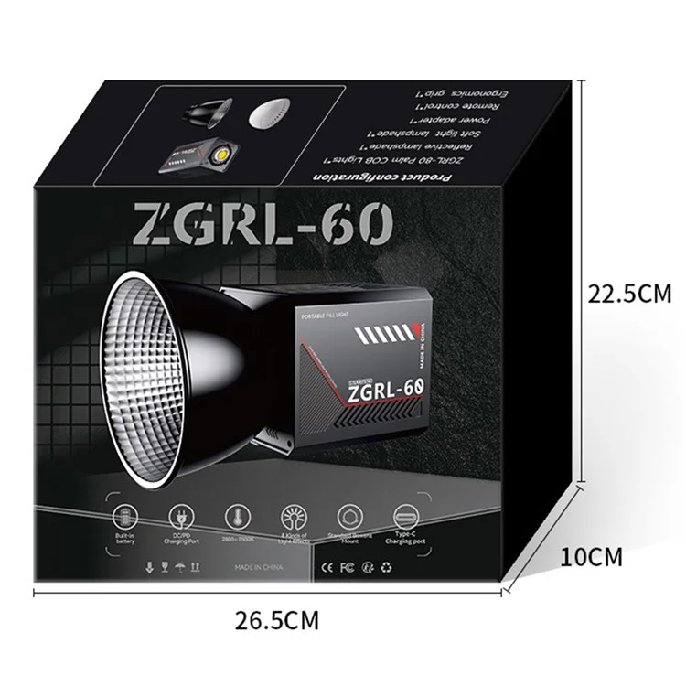 ZGRL60 Luz de Vídeo LED Portátil de Alta Potência para Preenchimento Luz Profissional para Fotografia, Filmagem e Iluminação de Palco