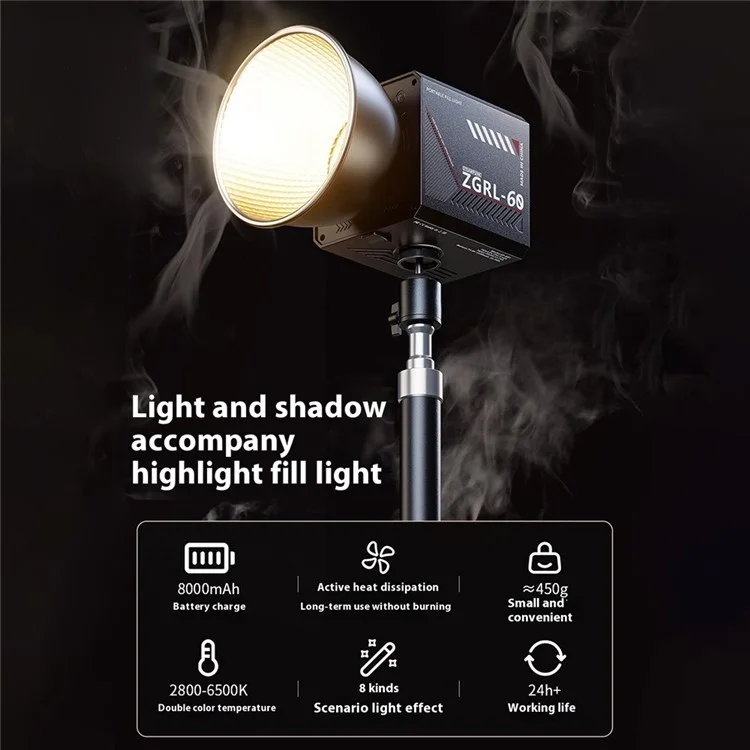 ZGRL60 Luz de Vídeo LED Portátil de Alta Potência para Preenchimento Luz Profissional para Fotografia, Filmagem e Iluminação de Palco
