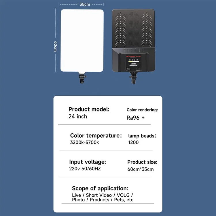 RL-28A 24 Inch Rectangle LED Panel Light Photography Lamp for Live Streaming Studio Product Shooting - EU Plug