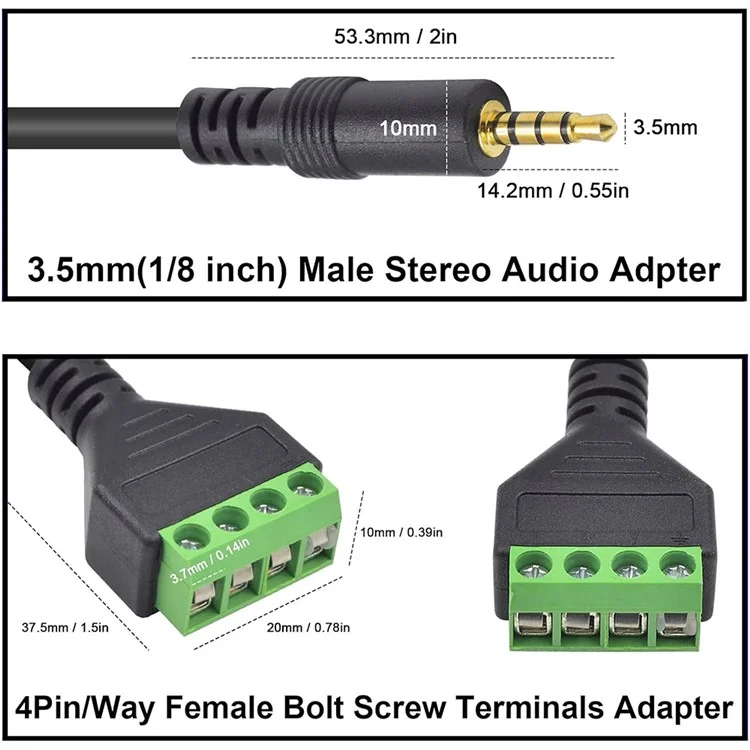 JUNSUNMAY Cable conector de audio macho estéreo de 3,5 mm a bloque de terminales de 4 polos sin soldadura (verde)