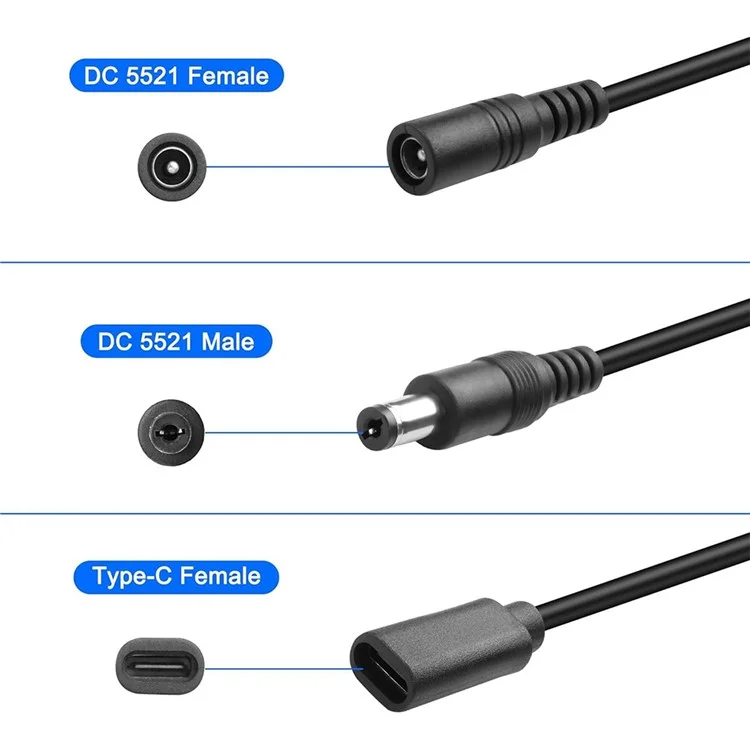 Cable adaptador JUNSUNMAY de 25 cm, tipo C hembra a DC 5,5 mm x 2,1 mm macho, cable de extensión de alimentación de 5V 3A