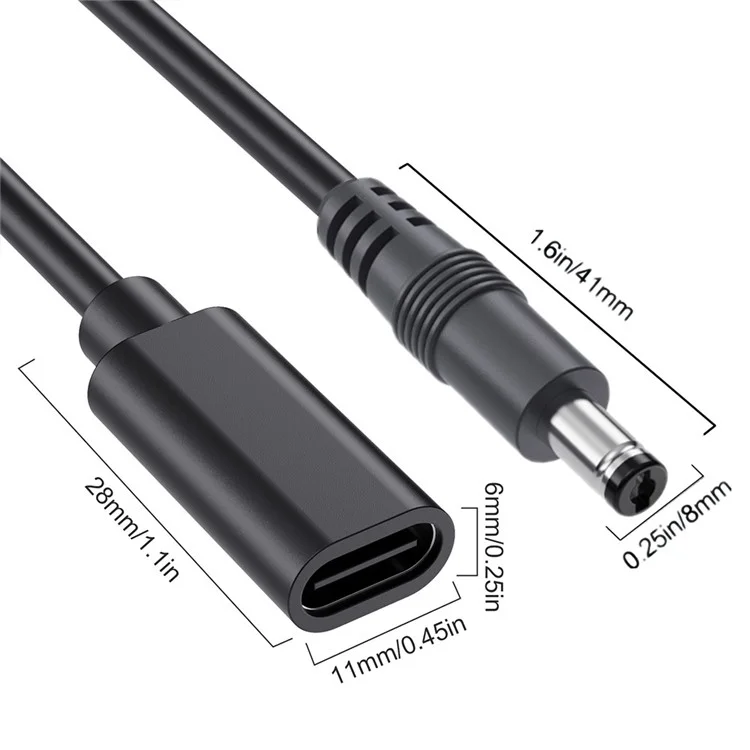 Cable adaptador JUNSUNMAY de 25 cm, tipo C hembra a DC 5,5 mm x 2,1 mm macho, cable de extensión de alimentación de 5V 3A