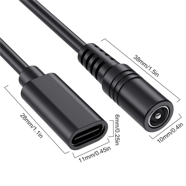 Cabo Adaptador JUNSUNMAY Tipo-C Fêmea para DC 5,5mm x 2,1mm Fêmea de 25cm, Cabo de Extensão de Energia de 5V 3A