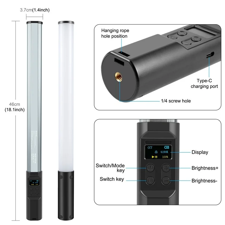PULUZ Bâton LED RVB pour Photographie 20 Modes Portable pour Streaming en Direct