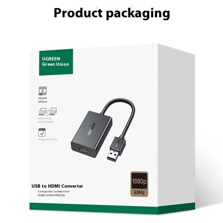 UGREEN 25161 USB auf HDMI Konverter 1080P 60Hz Video Audio Sync Adapter für Laptop / Desktop / TV / Projektor