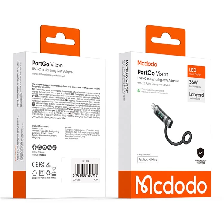 MCDODO OT-2610 MDD Digital Display PD Adapter USB-C Female to iP Male 36W Fast Charging Converter