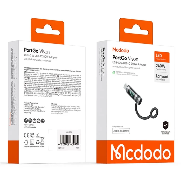 MCDODO OT-2620 MDD USB-C to USB-C Adapter PD 240W with Digital Display Mini Converter