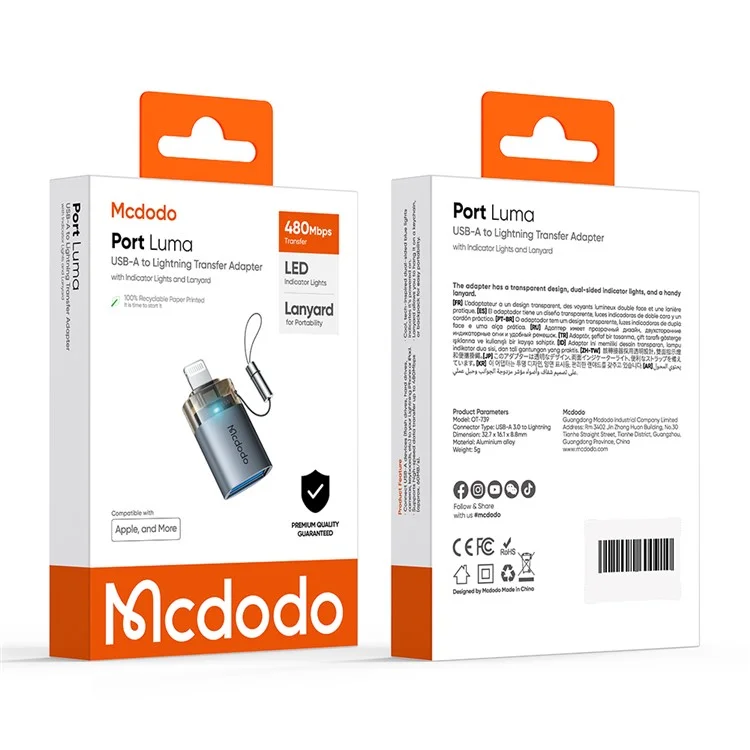 MCDODO OT-7390 MDD USB-A to iP Adapter with LED Light Data Transfer 480Mbps