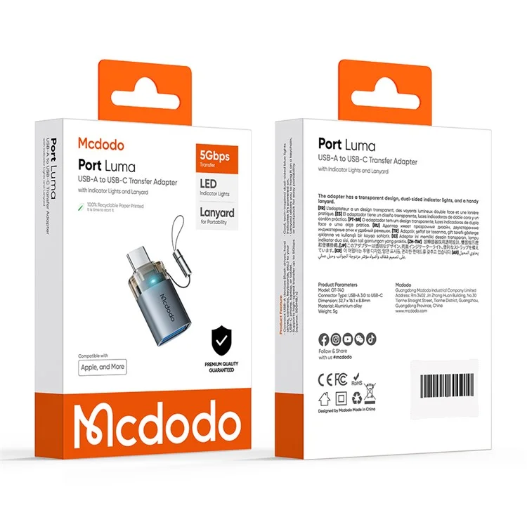 MCDODO OT-7400 MDD USB-A 3.0 to USB-C Adapter with LED Light 5Gbps Transfer Speed Aluminum Alloy