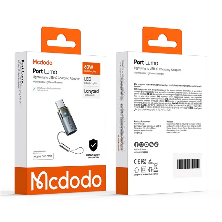 MCDODO OT-7610 MDD iP Female to USB-C Male Adapter with LED Light PD 60W Fast Charging Converter