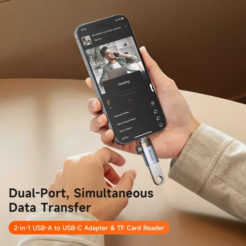 Adaptador MCDODO OT-760 2 em 1 USB A Fêmea para USB C Macho com Slot para Cartão TF para Transferência de Dados de 480 Mbps