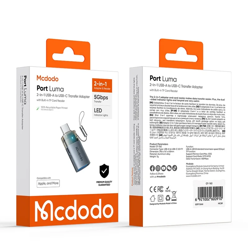 Adaptador MCDODO OT-760 2 em 1 USB A Fêmea para USB C Macho com Slot para Cartão TF para Transferência de Dados de 480 Mbps