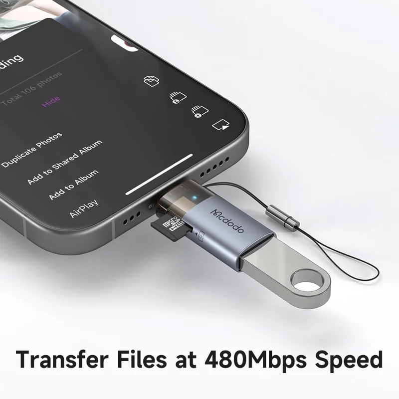 MCDODO OT-785 Adaptateur 2 en 1 USB A Femelle vers iP Mâle avec Lecteur de Carte TF, Transfert de Données 480 Mbps