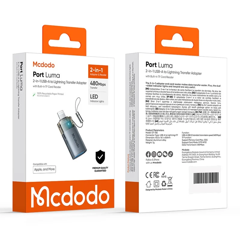 MCDODO OT-785 Adaptateur 2 en 1 USB A Femelle vers iP Mâle avec Lecteur de Carte TF, Transfert de Données 480 Mbps