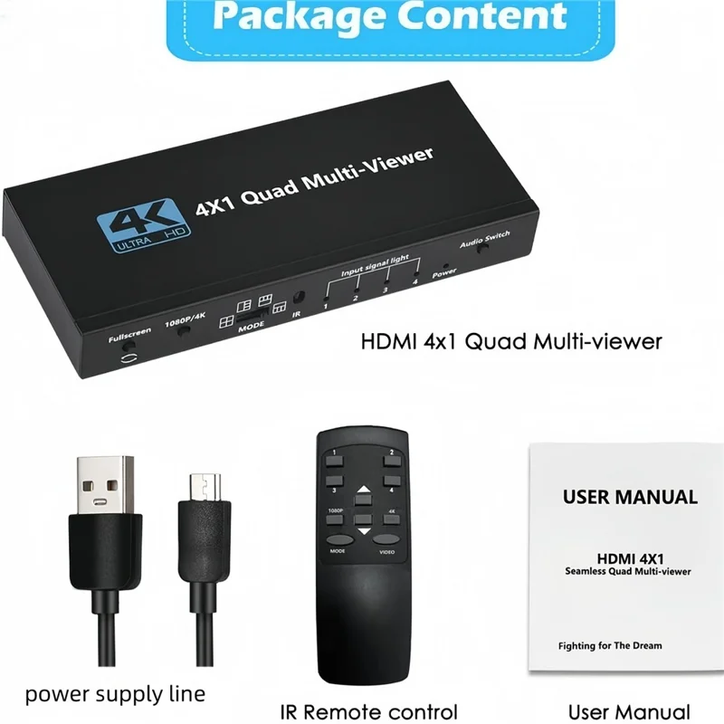 NK-941 4K HDMI 4 Input 1 Output Splitter Seamless Switch Multi-Viewer with Remote Control