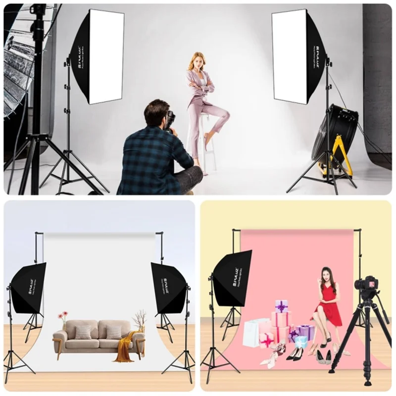 PULUZ PKT3133 2 Sets For Studio Photography 50 x 70cm Softbox with 30W E27 LED Bulb and Adjustable Tripod Stand - UK Plug