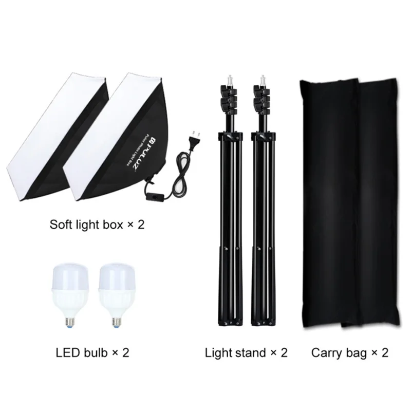 PULUZ PKT3133 2 Sets For Studio Photography 50 x 70cm Softbox with 30W E27 LED Bulb and Adjustable Tripod Stand - UK Plug