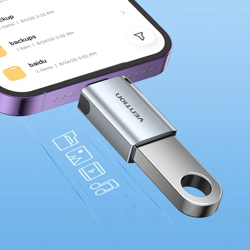 VENTION CUC Series Adaptateur OTG Mâle 8 Broches vers USB-A Femelle en Alliage d'Aluminium pour Transfert de Données USB 2.0 - Gris