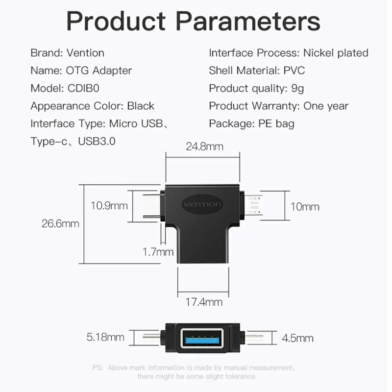 VENTION CDI Series OTG Adapter 3 in 1 USB A / Micro-B / USB C High Speed Data Transfer Adapter