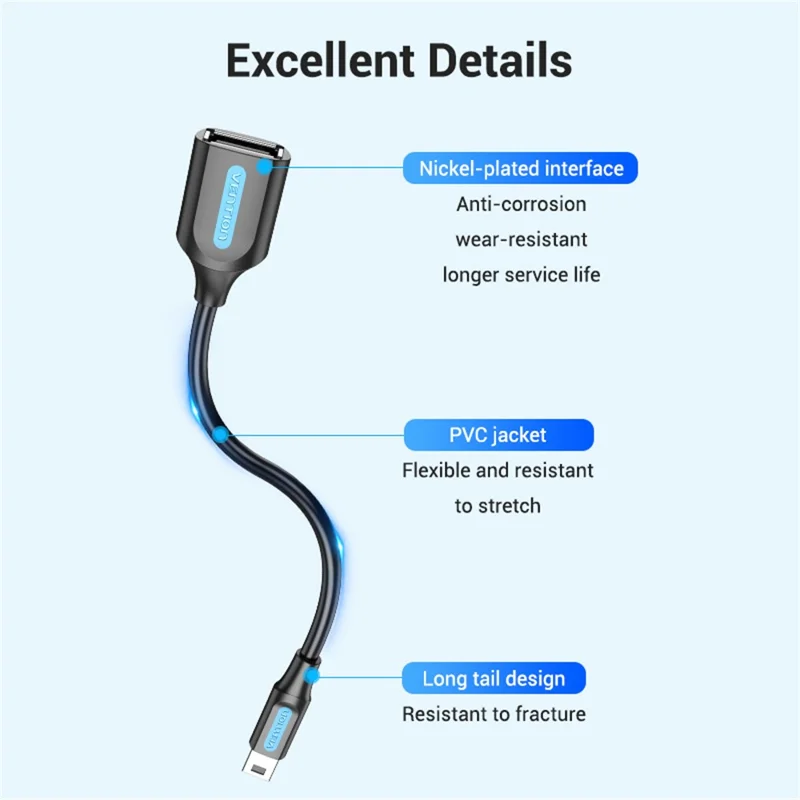 VENTION CCT Series USB 2.0 Mini-B Male to USB-A Female OTG Adapter Round PVC 0.15m Data Cable - Black