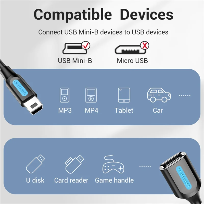 VENTION CCT Series USB 2.0 Mini-B Male to USB-A Female OTG Adapter Round PVC 0.15m Data Cable - Black