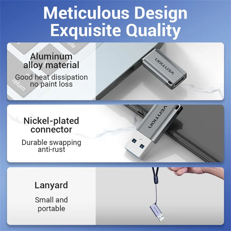 VENTION CDP Series USB3.0 USB-A Male to USB-C Female Adapter Aluminum Alloy OTG Converter with Lanyard