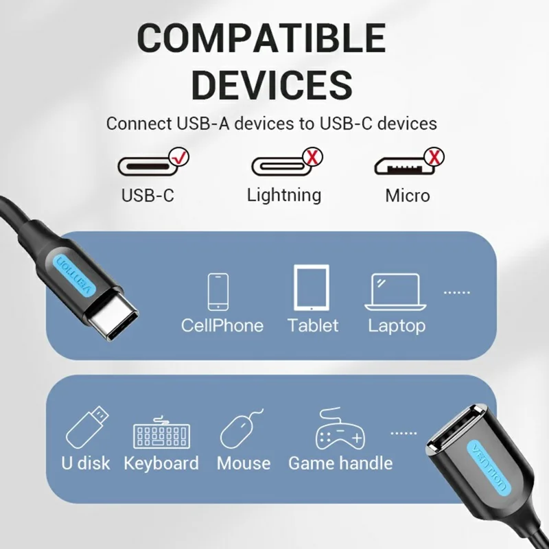Cable OTG de datos VENTION CCS Serie 0,15m USB 2.0 Tipo C Macho a USB A Hembra 480 Mbps