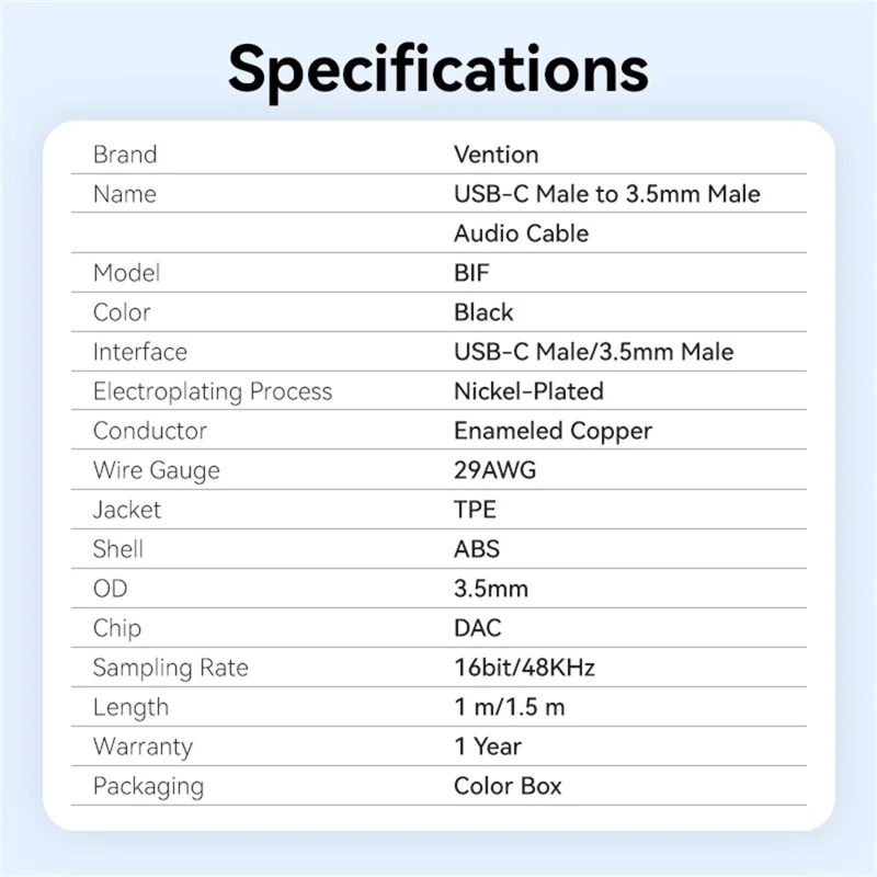 VENTION Série BIF 1m Câble Adaptateur Audio Type C vers 3,5mm pour Smartphone et Ordinateur Portable