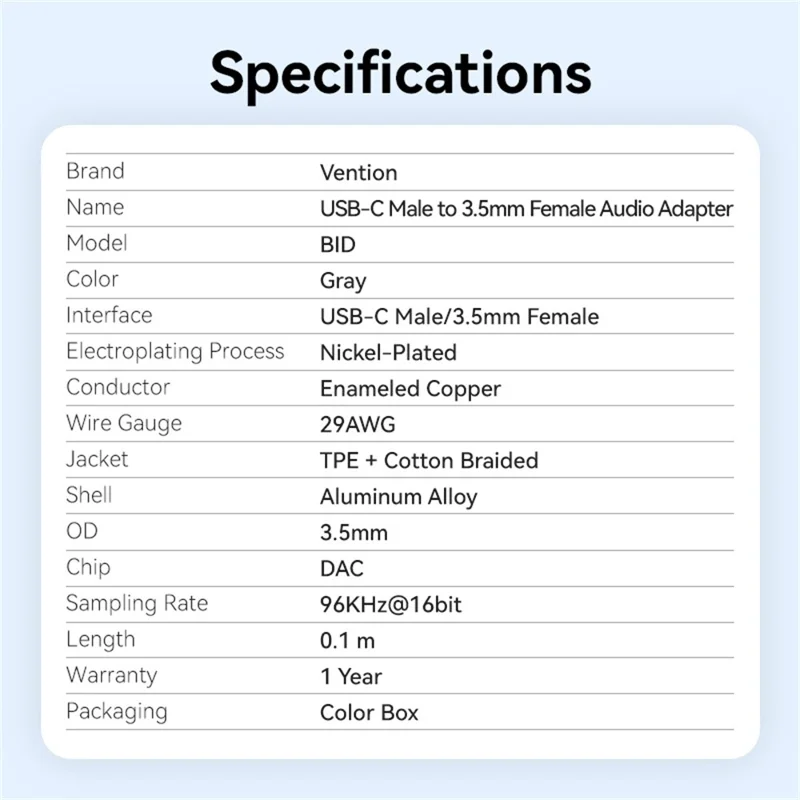 VENTION BID Serie 0,1m Type-C Stecker auf 3,5mm Buchse Audio Adapter Kabel mit DAC Decoder - Grau